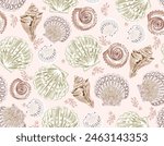 Trendy Hand drawn Summer sea shells seamless pattern Vector Illustration .Soft pink drawing. Underwater , Design for fashion , fabric, textile, wallpaper , wrapping and all prints 
