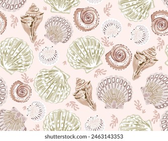 Trendy Hand drawn Summer sea shells seamless pattern Vector Illustration .Soft pink drawing. Underwater , Design for fashion , fabric, textile, wallpaper , wrapping and all prints 
