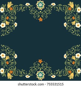 Trendy hand drawn tracery in vector. Small flowers, blossom decoration on dark backdrop. Spring and summer decor for up and dawn of page, postcards, greeting cards, invitation, catalogs and books.