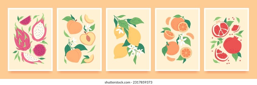 Trendy hand drawn tropical fruit posters, contemporary print with lemon and pomegranate. Minimalist aesthetic book cover template with fruits, leaves and flowers, orange and peach vector poster set