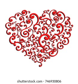 Trendy hand drawn vector heart made of different curls swirls and scrolls. Red heart isolated on white background