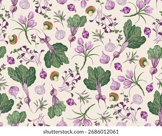 Trendy hand drawn vegetables sketch. Vintage seamless pattern vector with fresh pick vegetables from farm.Design  all prints Not Ai 