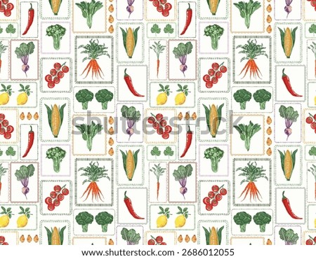 Trendy hand drawn vegetables sketch. Vintage seamless pattern vector with fresh pick vegetables from farm.Design  all prints Not Ai 