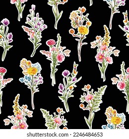 Trendy Hand drawn Wild Meadow florals , Flower bouquet illustration Seamless Pattern Vector Design, Design for fashion , fabric, textile, wallpaper, cover, web , wrapping and all prints 