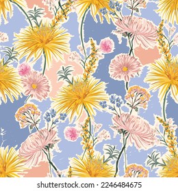 Trendy Hand drawn Wild Meadow florals , Flower bouquet illustration Seamless Pattern Vector Design, Design for fashion , fabric, textile, wallpaper, cover, web , wrapping and all prints 