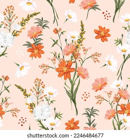 Trendy Hand drawn Wild Meadow florals , Flower bouquet illustration Seamless Pattern Vector Design, Design for fashion , fabric, textile, wallpaper, cover, web , wrapping and all prints 