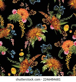 Trendy Hand drawn Wild Meadow florals , Flower bouquet illustration Seamless Pattern Vector Design, Design for fashion , fabric, textile, wallpaper, cover, web , wrapping and all prints 