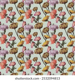 Na moda Mão desenhada Wild Meadow florais , Flor bouquet ilustração Design Vetor Padrão Sem Costura, Design para moda , tecido, têxtil, papel de parede, capa, web , envoltório e todas as impressões