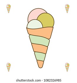 Trendy hand drown ice cream cone element. Vector ice cream horn symbols isolated on white backdrop.  Waffle dessert icon ornament in pink, orange and green colors for fashion design purposes print.