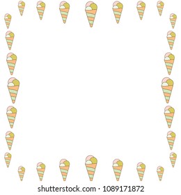 Trendy hand drown ice cream cone frame.  Vector ice cream horn border isolated on white background. Waffle dessert frame in orange, pink and green colors for fashion illustration bezel print.