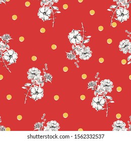 Trendy Hand drwan outline of flowers mixed with yellow polka dots seamless pattern in vector ,Design for fashion,fabric,wallpaper,wrapping all prints and all graphic used on red background color.