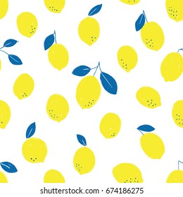 Trendy, hand illustrated seamless vector lemon pattern.  Hand drawn yellow lemons with leaves and stems on white background