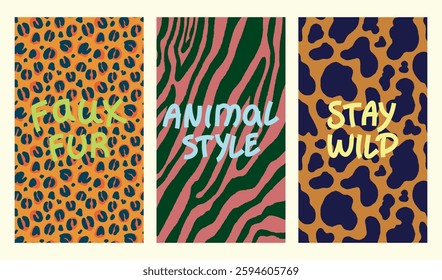 Trendy hand lettering on wildlife background. Modern abstract animal zebra, leopard and cow print texture design. Hand drawn vector illustration template for cards, ads and social media design.