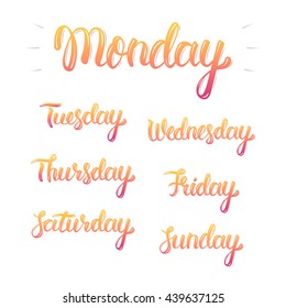 Trendy hand lettering set of days of the week, fashion graphics, art print. Calligraphic colored isolated set. Vector illustration