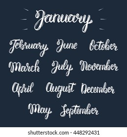 Trendy hand lettering set of months of the year. Brush handwritten names of months. Fashion graphics, art print. Calligraphic set in white ink. Vector illustration