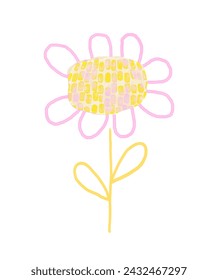 Trendy Hand Painted Pink Flower on a White Background. Childish Drawing-like Watercolor Floral Vector Illustration. RGB. Infantile Style Floral Design Ideal for Wall Art, Card, Kids' Room Decoration.