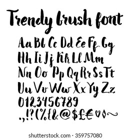 Trendy hand written brush font. Uppercase and lowercase letters, digits, special symbols, money signs, embellishments.