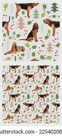 Trendy hand-drawn Bloodhound dog. Seamless dog pattern, winter Happy Christmas texture. Square format, t-shirt, poster, packaging, textile, socks, textile, fabric, decoration, wrapping paper. 