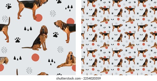 Trendy hand-drawn dogs wallpaper. Seamless Bloodhound dog pattern, holiday texture. Square format, Bloodhound packaging, textile, socks, textile, fabric, decoration, wrapping paper. 