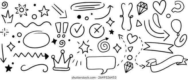 Trendy hand-drawn doodle icon collection with arrows, hearts, stars, crowns, check marks, speech bubbles, and elements. Ideal for social media, stickers, presentations, planners, and creative projects