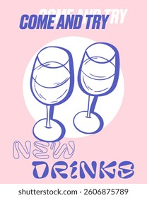 Trendy hand-drawn drinks poster, modern minimalistic wine glasses illustration, creative bar advertisement