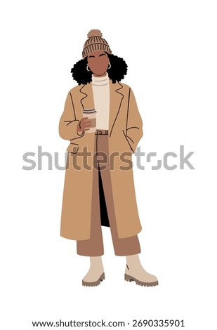 Trendy hand-drawn flat vector of stylish young Black woman in camel coat, cream turtleneck, wide-leg pants, and beanie, holding coffee cup, modern fashion illustration on white background