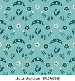 Patrón de resorte floral de moda dibujado a mano, ilustración botánica. Azul pastel, flores blancas, hojas en un fondo azul pastel. Impresión abstracta con una pequeña flor dispersa al azar, elemento abstracto. Vector.