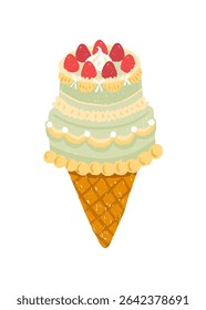 Vector de moda dibujado a mano de cono de helado de pastel vintage con fresas, lazos y glaseado pastel. Estilo de panadería de inspiración coreana. Perfecto para el embalaje, pegatinas, Clipart, fiesta y diseños de regalo