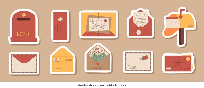 Trendy handwritten letter sticker pack design, cartoon paper mail in postal box patch set, creative greeting postcard with paper note badge, flat handmade open envelope and mailbox label template.