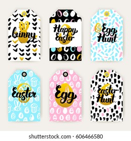 Trendy Happy Easter Gift Labels. Vector Illustration of 80s Style Shop Tag Design with Handwritten Lettering.