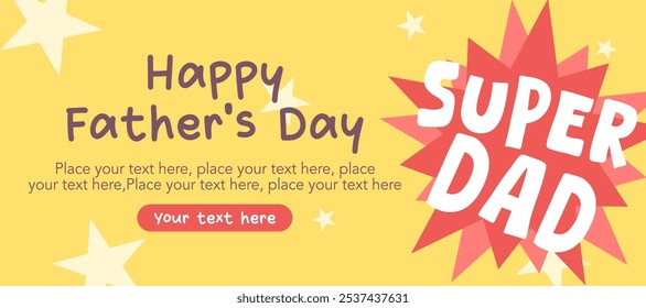 Trendy Happy Father's Day greeting cards with star, symbol, minimal yellow color background, cartoon holiday simple vector illustration for horizontal banner, template, poster, flyer, social media