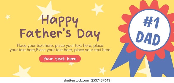 Trendy Happy Father's Day greeting cards with tags, symbol, minimal yellow color background, cartoon holiday simple vector illustration for horizontal banner, template, poster, flyer, social media