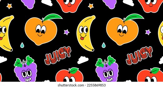 Trendy happy fruit seamless pattern in vintage cartoon style. Retro summer tropical fruits background. Character label illustration backdrop. Funny colorful food mascot print.
