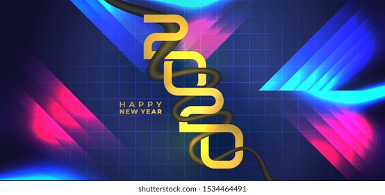 Trendy happy new year 2020 greeting modern design. Vector eps 10. Modern greeting celebration with neon lights and gradient colorful background.
