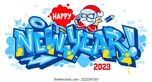 Trendy Happy New Year 2023 With Santa Claus In Graffiti Style Font Lettering Vector Illustration Art