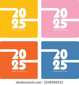 Trendy Happy New Year 2025 design with Gen Z vintage vibes, featuring orangey yellow, carnation pink, pumpkin orange, and cool blue. Perfect for festive greetings, posters, and social media posts.