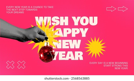 Trendy Happy New Year Collage Banner. Halftone hand holding red cutout ball and yellow doodle stars. Wish you merry Christmas and happy new year concept. Retro modern vector design.