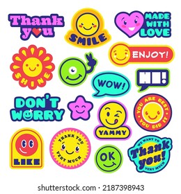 Trendy happy stickers, hippie positive vibe patch. Hipster geek funny badges in 90s style. Thank you and enjoy, acidity psychedelic smile faces tidy vector elements