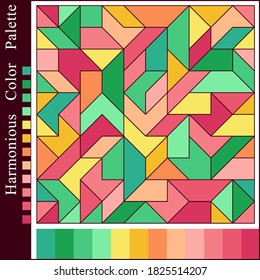 Trendy Harmonious Color Palette with Geometric Composition. 
Colorful Background of Simple Figures with Color Swatches.