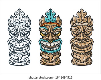 Trendy hawaii wooden tiki mask for surfing bar. Traditional ethnic idol of hawaiian, maori or polynesian. Old tribal totem