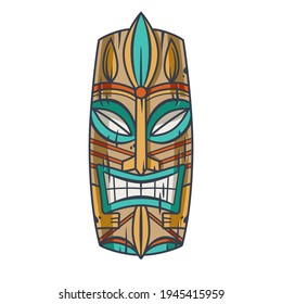 Trendy hawaii wooden tiki mask for surfing bar. Traditional ethnic idol of hawaiian, maori or polynesian. Old tribal totem