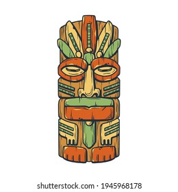 Trendy hawaii wooden tiki mask for surfing bar. Traditional ethnic idol of hawaiian, maori or polynesian. Old tribal totem