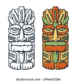 Trendy hawaii wooden tiki mask for surfing bar. Traditional ethnic idol of hawaiian, maori or polynesian. Old tribal totem