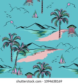 Trendy  hawaiian in sweet color  seamless island pattern vector. Landscape with palm trees,beach and ocean vector hand drawn style on blue mint color background for fashion fabric and all prints.