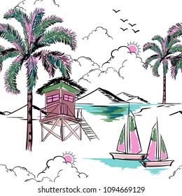 Trendy  hawaiian in sweet color  seamless island pattern vector. Landscape with palm trees,beach and ocean vector hand drawn style on white color background for fashion fabric and all prints.