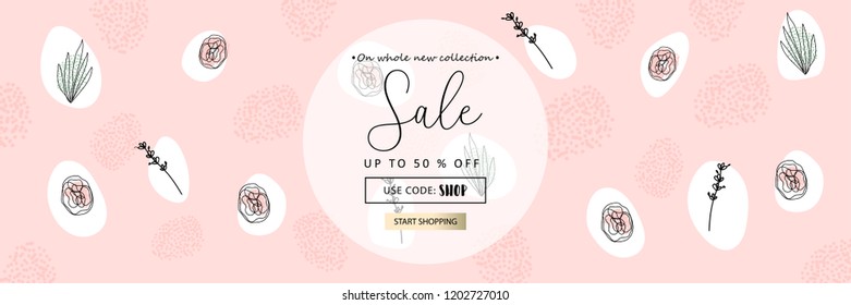 Trendy Header Design with different hand drawn shapes and textures. Cute social media backdrop for advertising, web design, posters, invitations, greeting cards, birthday or anniversary.