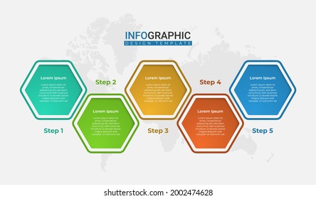 Trendy hexagonal options. Creative business presentation design for infographics in 5 steps. Graphic resource elements suitable for workflow, annual report, graph, layouts, brochure, business report.