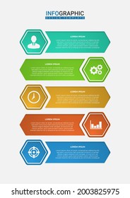 Trendy hexagonal options. Creative business presentation design for infographics in 5 steps. Graphic resource elements suitable for workflow, annual report, graph, layouts, brochure, business report.