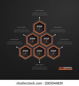 Opciones hexagonales de moda. Diseño creativo de presentaciones de negocios para infografías en 5 pasos. Elegante diseño de presentación en negro y naranja. Elementos de recursos gráficos geniales con estilo de colmena