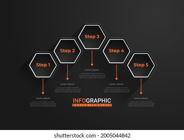 Trendy hexagonal options. Creative business presentation design for infographics in 5 steps. Elegant presentation design in black and orange. Cool graphic resource elements
